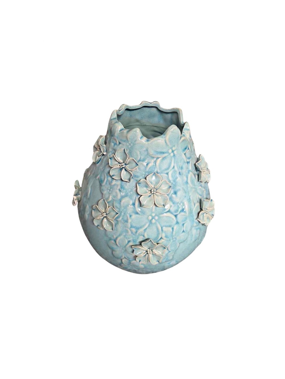 Vintage Late 20th Century Blue Floral Aqua Appliqué Ceramic Glazes Vase